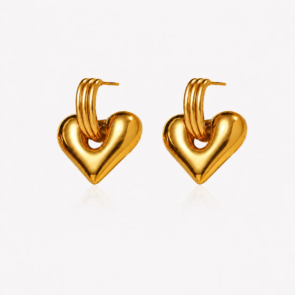 EH05002 gold-tone heart drop earrings with ridged curved tops and visible posts
