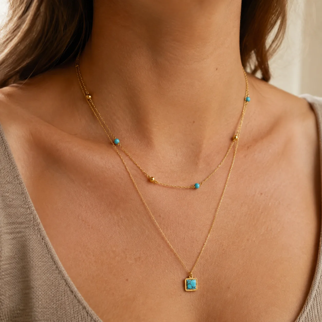 Turquoise Stone Station Layered Necklace source image 3