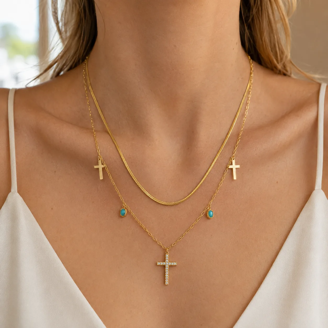 Cross and Stone Layered Necklace source image 3