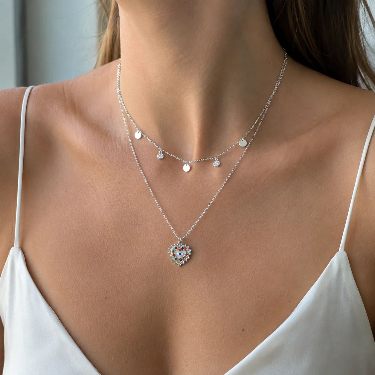 Silver Heart Pendant Layered Necklace source image 3