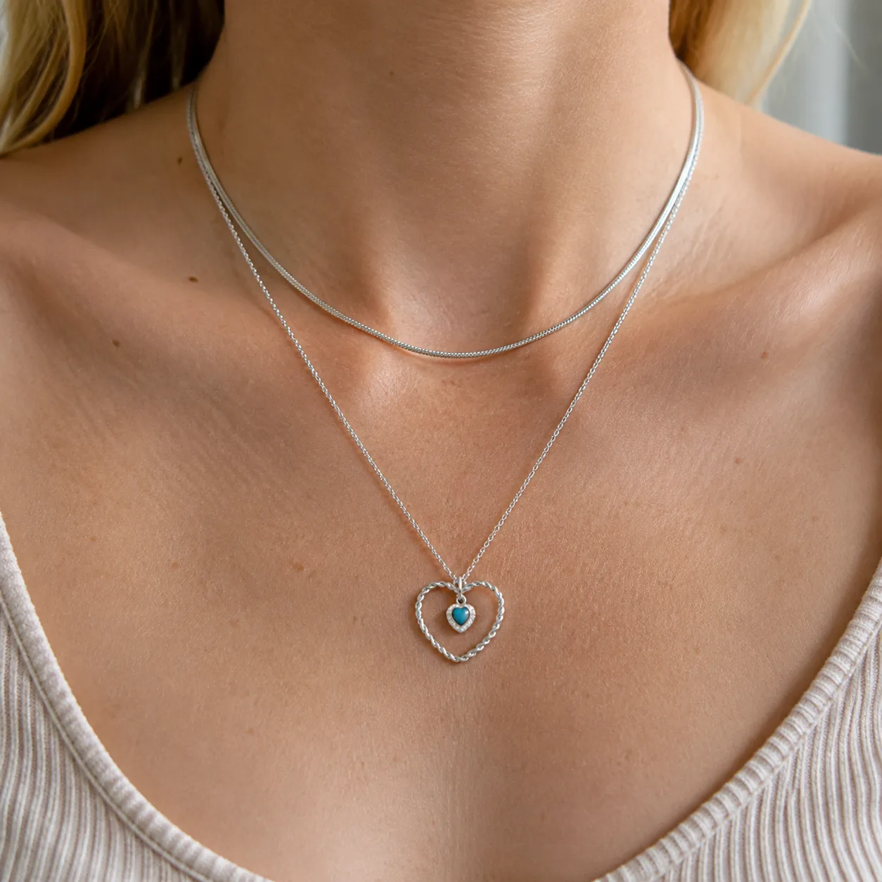 Silver Heart Stone Layered Necklace source image 3