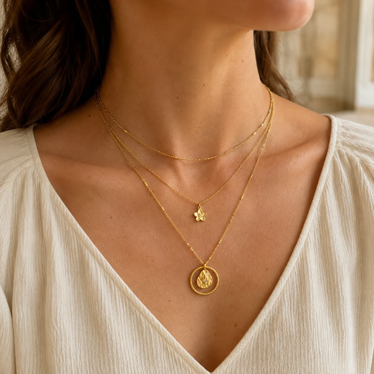 XL05018 gold-tone layered necklace worn with a light top; styling reference