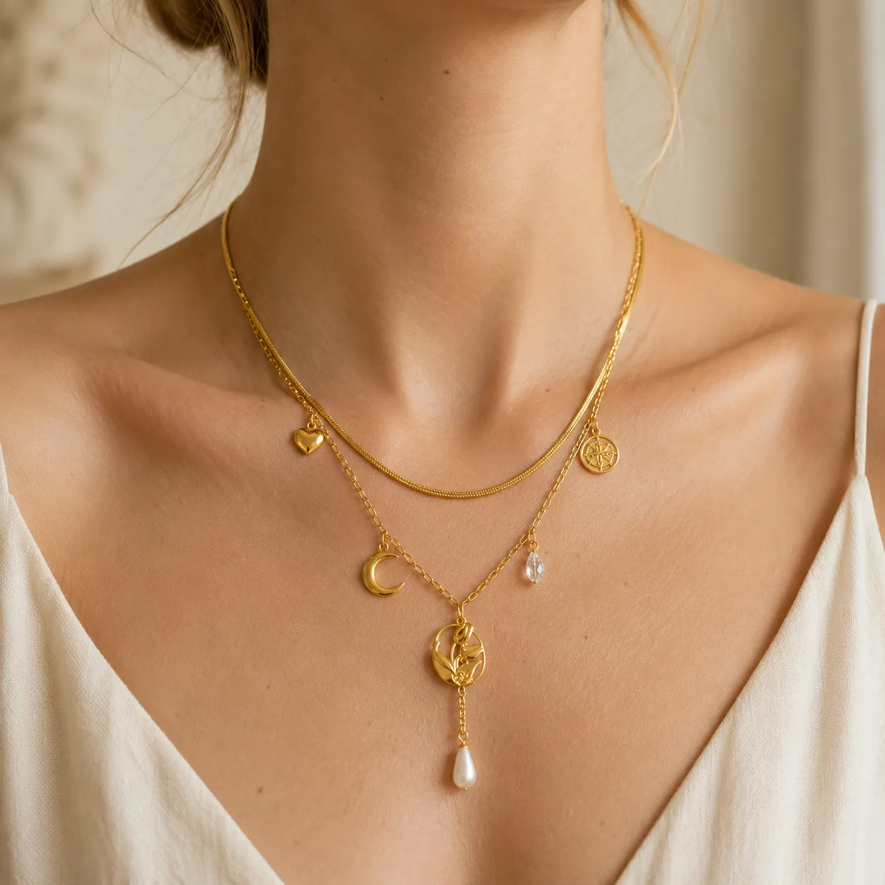Moon Coin and Pearl Layered Necklace source image 3